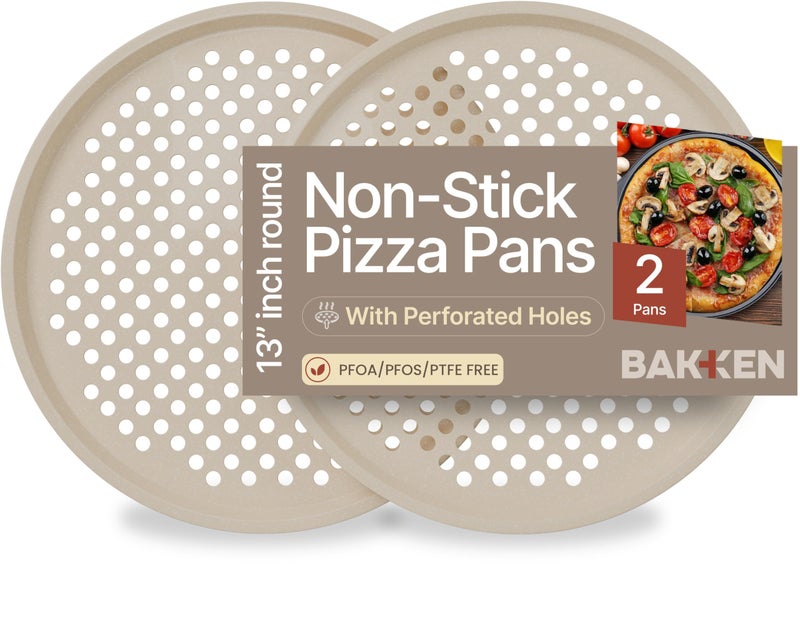 BAKKENMASTER Bakken Pizza Baking Pan - Round Perforated Carbon Steel Pan with Non-Stick Marble Coating, Oversized Silicone Handle, Dishwasher Safe, High-Temperature Resistant, Durable & Easy Cleanup White, 2 Pack - Image 1