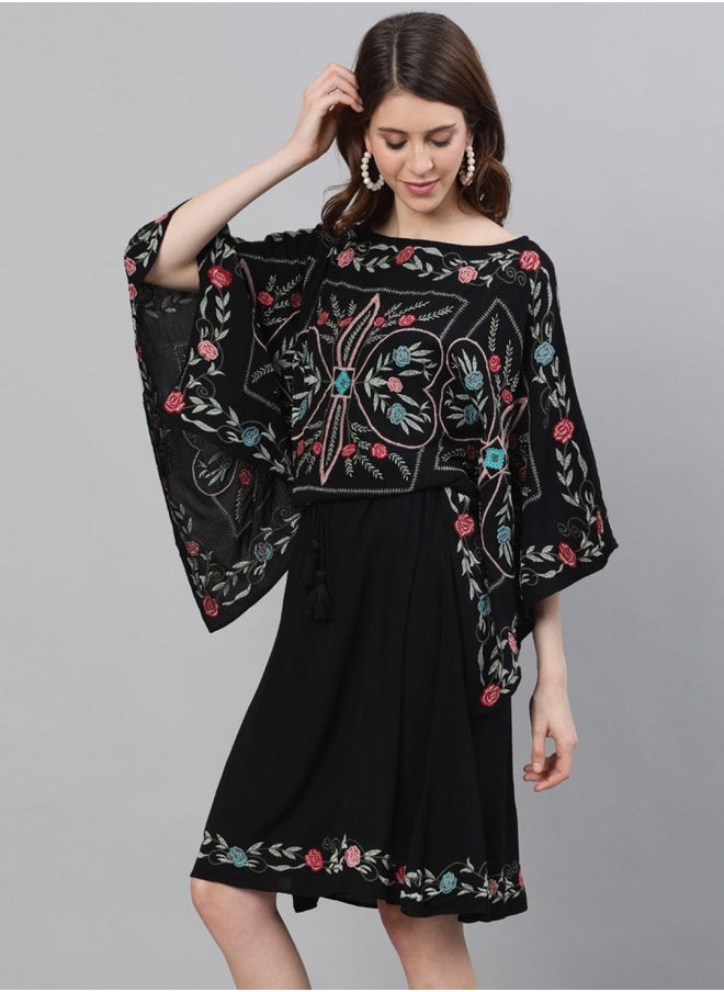 ISHIN Aline Fit Self Design Pattern Boat Neck Neck 3/4 sleeve Black Colour Knitted Cotton Dresses for Women with Semi Elastic Closure - A Must-Have for Every Wardrobe  - Image 5