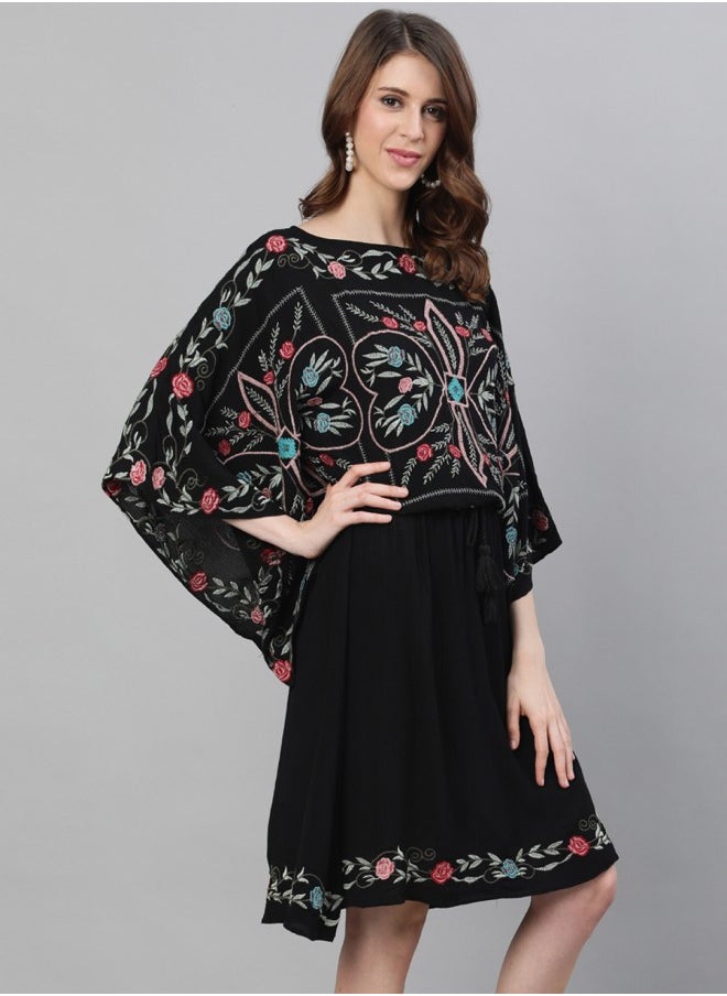 ISHIN Aline Fit Self Design Pattern Boat Neck Neck 3/4 sleeve Black Colour Knitted Cotton Dresses for Women with Semi Elastic Closure - A Must-Have for Every Wardrobe  - Image 3