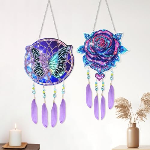 EEEKit 2PCS Diamond Painting Suncatcher Kit Hanging Diamond Art Painting Suncatcher DIY Crystal Art Wind Chime for Home Wall Window Decor