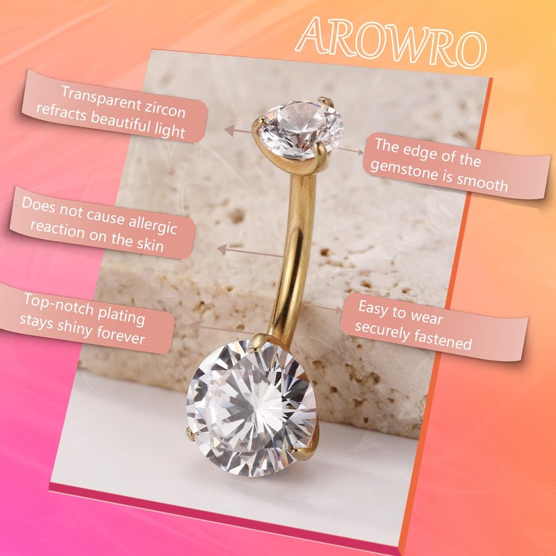 AROWRO G23 Titanium Belly Button Ring Hypoallergenic Belly Rings Internally Threaded Gold Belly Button Piercing 14G 10mm Navel Piercing Jewelry with Round Cubic Zirconia - Image 2