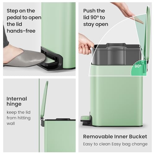 Cesun Small Bathroom Trash Can with Lid Soft Close, Step Pedal, 6 Liter / 1.6 Gallon Stainless Steel Garbage Can with Removable Inner Bucket, Anti-Fingerprint Finish (Matt Green) - Image 5