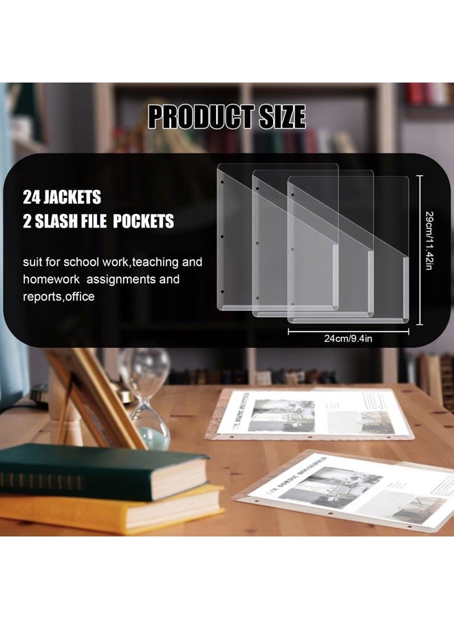 Seajan 24 Pcs Binder Pockets for 3 Ring Binder Clear Plastic Folders Sleeves 3 Hole Punch Document Dividers Poly Slash File Jacket Organizer with 2 Pockets for Office School(White) - Image 2
