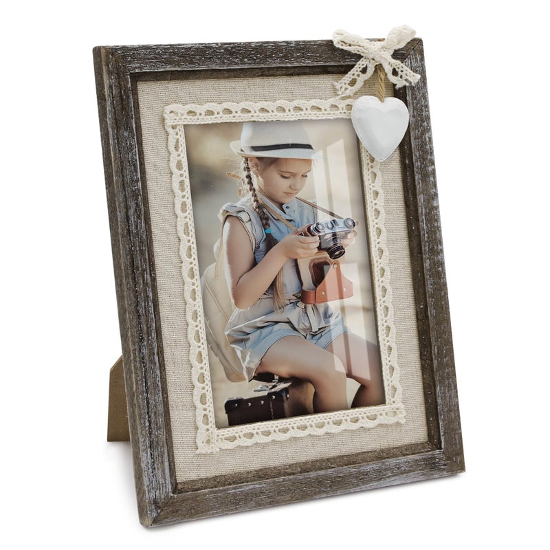 Sapowerntus 4x6 Rustic Picture Frames Wood Farmhouse Cute Heart Love Solid Wooden Photo Frame Lace Bow Glass Boho Wall Decor Hanging Tabletop Mother Grandma Family Kids Wedding Gift