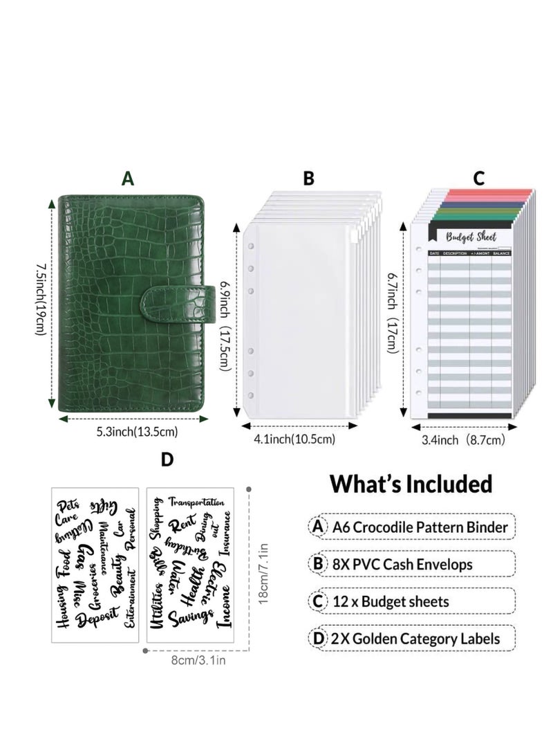 Zikra Budget Binder with 8pcs Cash Envelopes for Budgeting, Crocodile Pattern A6 Binder with 2Pcs Label Stickers and 12Pcs Expense Trackers Money Organizer for Cash for Saving Binder(Green) - Image 5