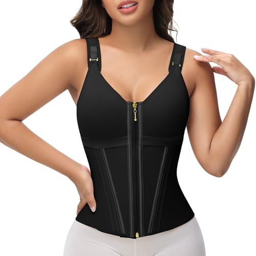 SHAPSHE Waist Trainer Corset for Women Tummy Control Sport Workout Body Shaper Vest for Postpartum Gym Zipper and Hooks Black XXL - Image 1