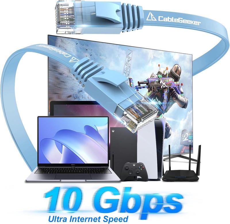 CableGeeker Cat 6 Ethernet Cable 100 ft, Indoor&Outdoor, High Speed 10Gbps Flat Internet Network Cable, Pure Copper Ethernet Patch Cable Long, Computer LAN Cable with Clips & Straps for Router, Modem, PS4/5, Blue - Image 2