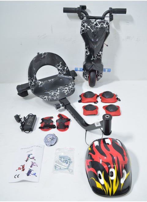Electric Scooter Drift Small with a Power of 36 Volts, with a Helmet Protection for the Knees Elbows and Wrists. It has Two Esper Keys and Wonderful Lighting Under the Seat and From the Front