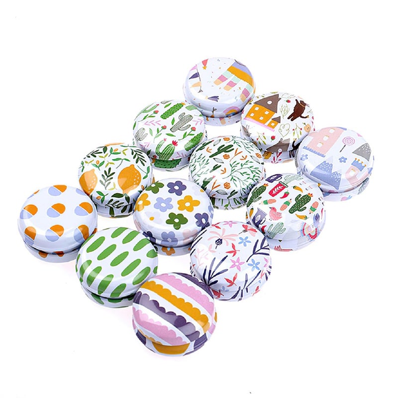 Rarapop 12 Pack Reusable Mini Round Tinplate Candle Tin Jars with Lids 20ml Small Cartoon Travel Tin Cans Refillable Empty Container Bottle for Lip Balm Salve Eye Shadow Powder