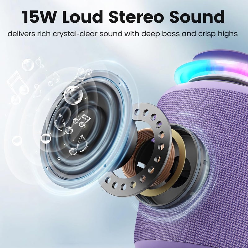 Deeyaple Bluetooth Speaker Wireless,IP67 Waterproof & Dustproof Portable Speaker with Lights,15W Loud Stereo Sound, 2500mAh Battery All Day Playtime, TWS Pairing, BT5.3, Home/Party/Outdoor/Beach (Purple) - Image 2