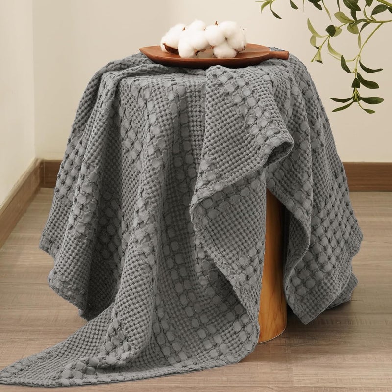 PHF 100% Cotton Waffle Weave Throw Blanket (127 cm x 152 cm), Soft Lightweight Breathable Cozy Summer Throws for Couch Bed Sofa, Luxury Aesthetic Woven Blanket for Home Decor & Office, Dark Grey - Image 4
