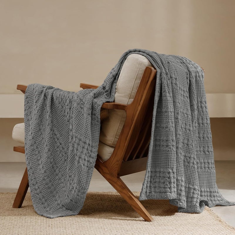 PHF 100% Cotton Waffle Weave Throw Blanket (127 cm x 152 cm), Soft Lightweight Breathable Cozy Summer Throws for Couch Bed Sofa, Luxury Aesthetic Woven Blanket for Home Decor & Office, Dark Grey - Image 1