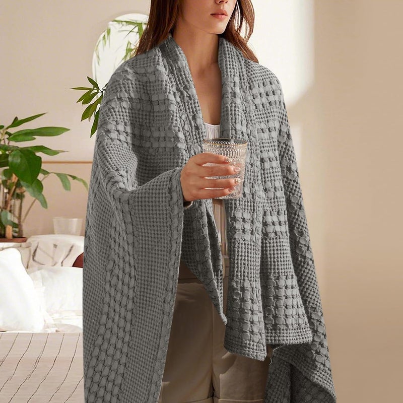 PHF 100% Cotton Waffle Weave Throw Blanket (127 cm x 152 cm), Soft Lightweight Breathable Cozy Summer Throws for Couch Bed Sofa, Luxury Aesthetic Woven Blanket for Home Decor & Office, Dark Grey - Image 2