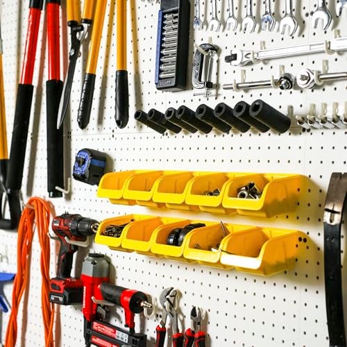WALLPEG 36 Pack Pegboard Bin Kit – 18 Medium & 18 Large Yellow Peg Board Storage Bins | Parts Organizer for Garage, Workshop, Craft Room, Office & Workbench | Pegboard Accessory Organier | MADE IN USA - Image 4