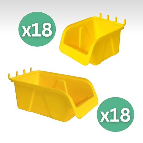 WALLPEG 36 Pack Pegboard Bin Kit – 18 Medium & 18 Large Yellow Peg Board Storage Bins | Parts Organizer for Garage, Workshop, Craft Room, Office & Workbench | Pegboard Accessory Organier | MADE IN USA - Image 2