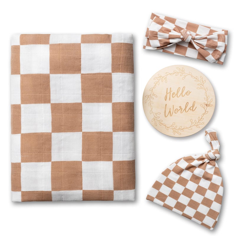 Miaoberry 100 Organic Muslin Swaddle Set Checkered in Coffee Latte 47  47 with HatBow and Arrival Card