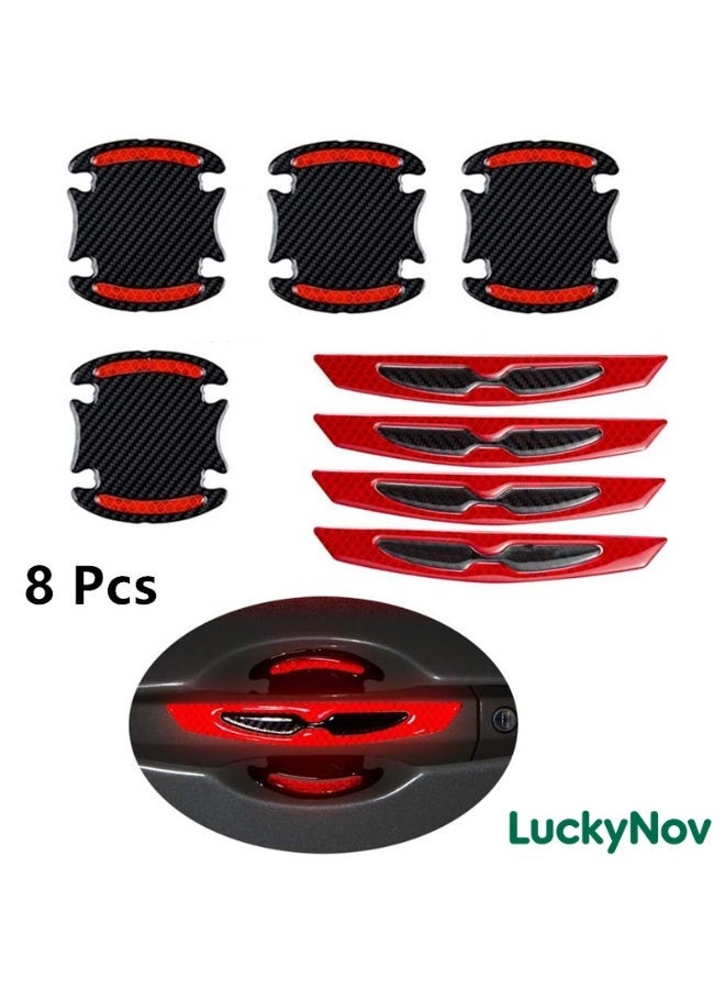 LuckyNov 8 Pcs Car Door Handle Cup Protector, Universal 3D Carbon Fiber Anti-Scratch Protector Film, Auto Cup Paint Guard Sticker With Reflective Safety Strips (Red) - Image 1