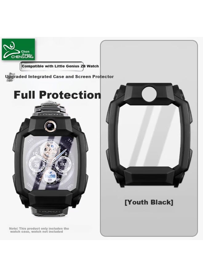 Chensong Compatible Little Genius Z8 Protective Case And Tempered Pc Film Integrated Children's Watch Z8 Upgrade Full Coverage Shockproof Protective Shell Youth Black