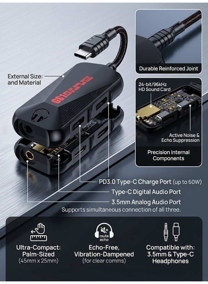 محول الألعاب GS1 من النوع C | منفذان من النوع C + مقبس 3.5 ملم، شحن سريع 60 واط وصوت عالي الدقة 24 بت - Image 3