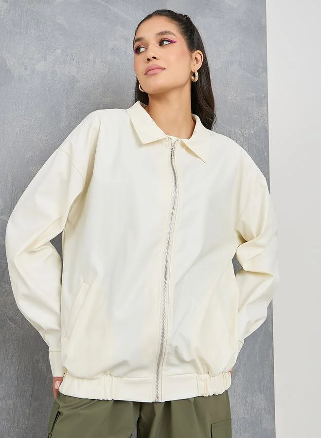 Take Two Oversize Solid Collared Zip Up Jacket