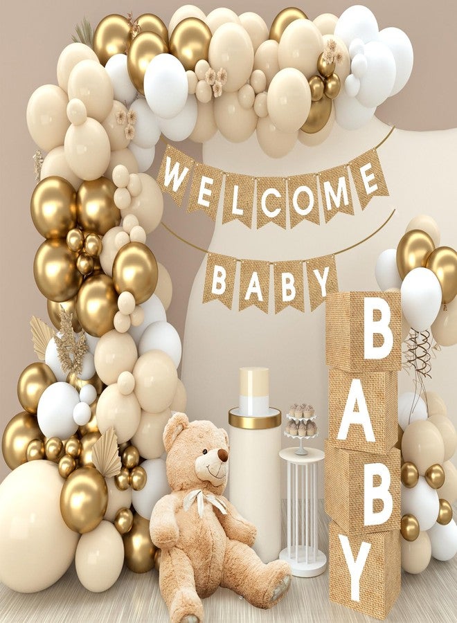 Netnology Boho Baby Shower Decorations-97Pcs Burlap Grain Baby Boxes,Nude and Gold Balloons Arch Kit and "WELCOME BABY" Banner for Neutral Baby Shower Decorations,Birthday Party Supplies,Gender Reveal - Image 1