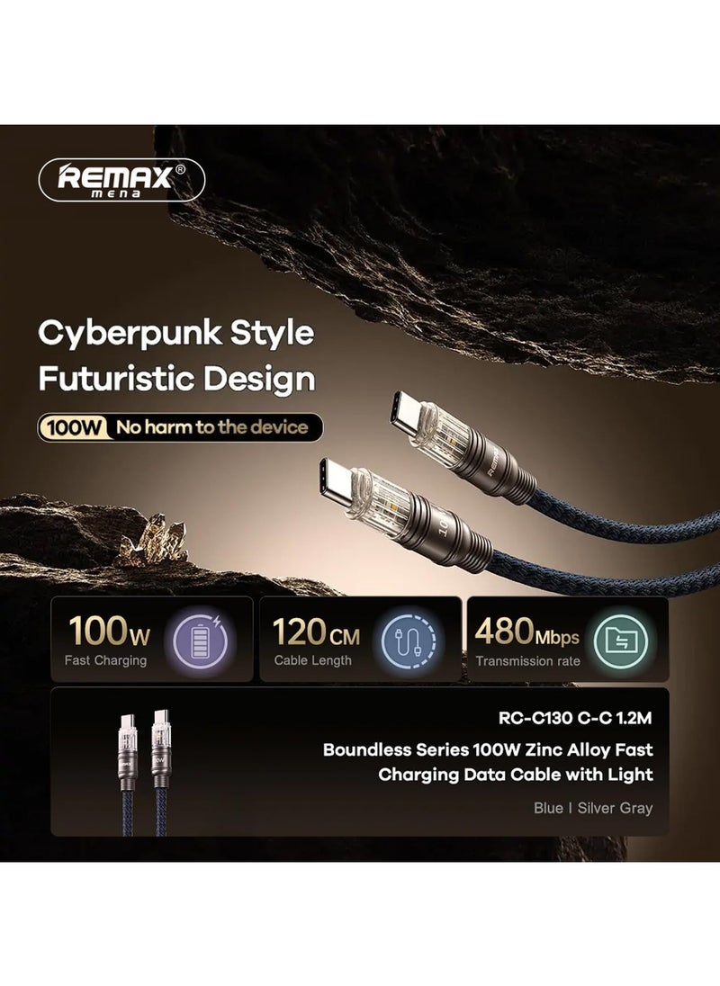 Remax Mena Data Cable 100W Fast Charging with Light USB C to Type C, Fast Charging, For Samsung, Mi, Realme & Type C Devices, Seamless Data Transmission, Series, 1.2M (Deeb Sea Blue C-C)  - Image 2