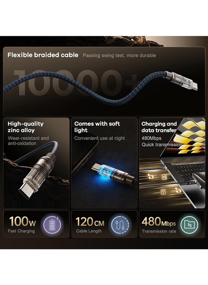 Remax Mena Data Cable 100W Fast Charging with Light USB C to Type C, Fast Charging, For Samsung, Mi, Realme & Type C Devices, Seamless Data Transmission, Series, 1.2M (Deeb Sea Blue C-C)  - Image 3