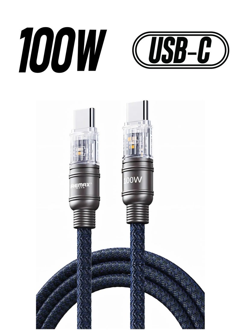 Remax Mena Data Cable 100W Fast Charging with Light USB C to Type C, Fast Charging, For Samsung, Mi, Realme & Type C Devices, Seamless Data Transmission, Series, 1.2M (Deeb Sea Blue C-C)  - Image 1