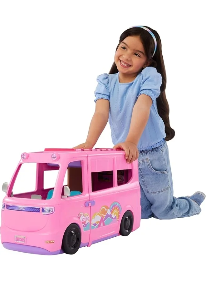 Barbie Dream Camper Playset with Roof Tent, Swing Chair, Fishing Pond, BBQ Grill with Color-Change Feature & 60+ Accessories Including Dough