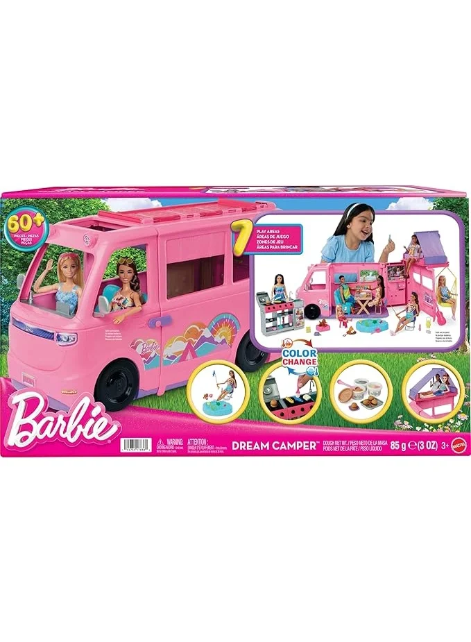 Barbie Dream Camper Playset with Roof Tent, Swing Chair, Fishing Pond, BBQ Grill with Color-Change Feature & 60+ Accessories Including Dough