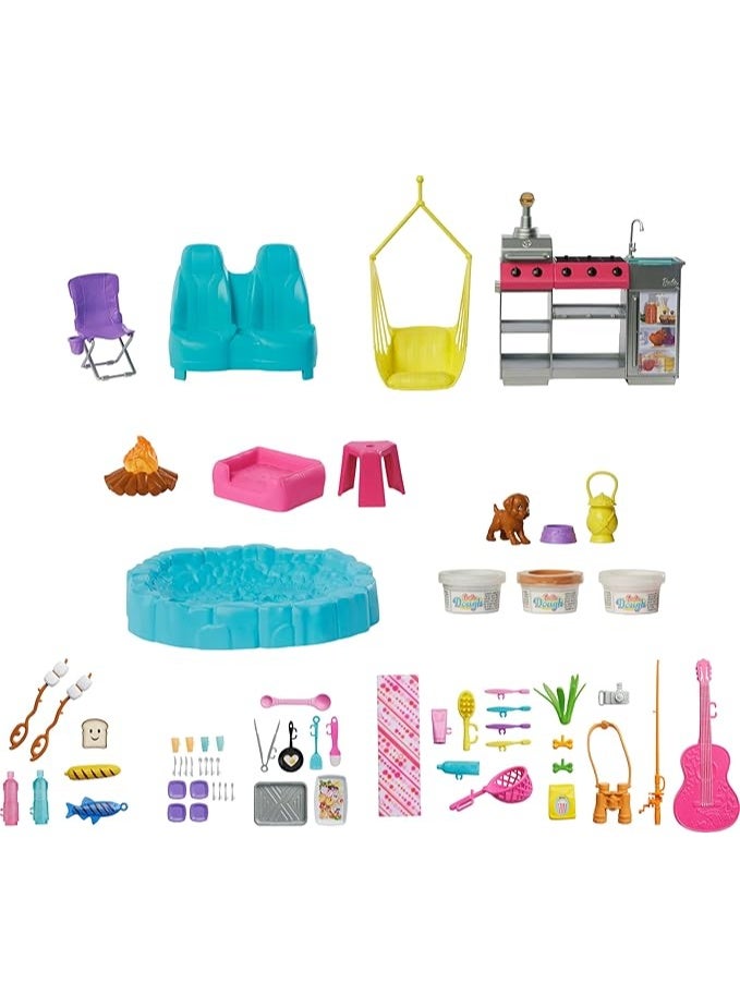 باربي مجموعة ألعاب كامبر دريم مع خيمة سقف وكرسي متأرجح وبركة صيد وشواية باربيكيو تتغير ألوانها وأكثر من  قطعة إكسسوار بما في ذلك العجين - Image 4