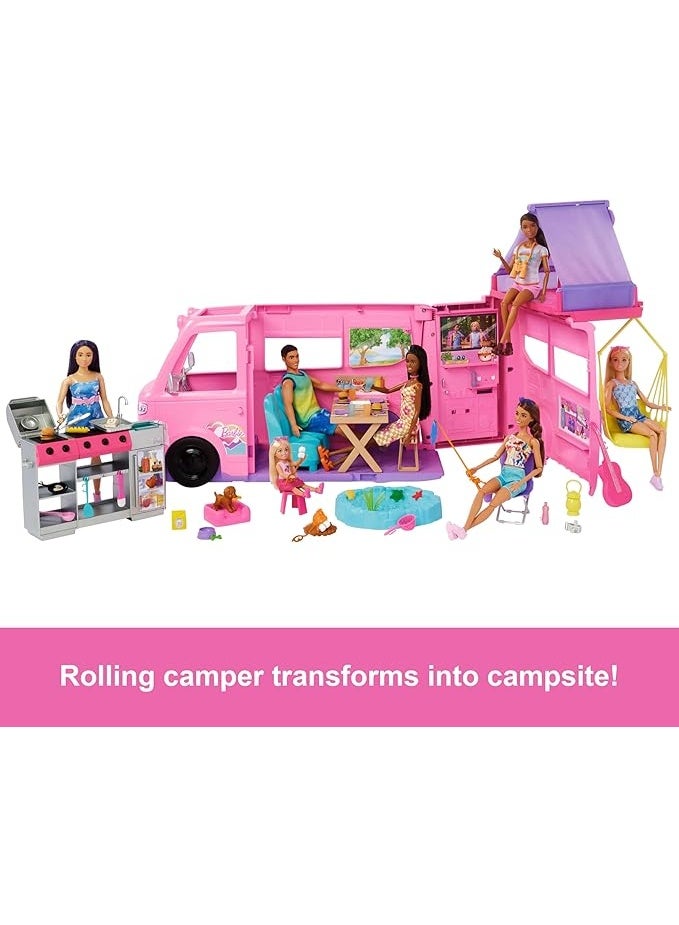 باربي مجموعة ألعاب كامبر دريم مع خيمة سقف وكرسي متأرجح وبركة صيد وشواية باربيكيو تتغير ألوانها وأكثر من  قطعة إكسسوار بما في ذلك العجين - Image 3