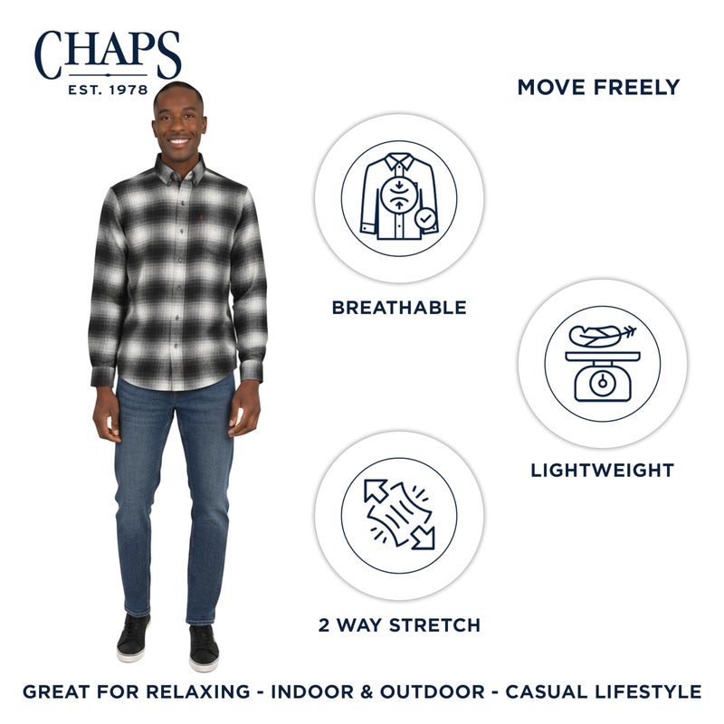 Chaps Men's Classic Fit Long Sleeve Button Down Stretch Flannel Casual Woven Shirt, Charcoal, Large - Image 3