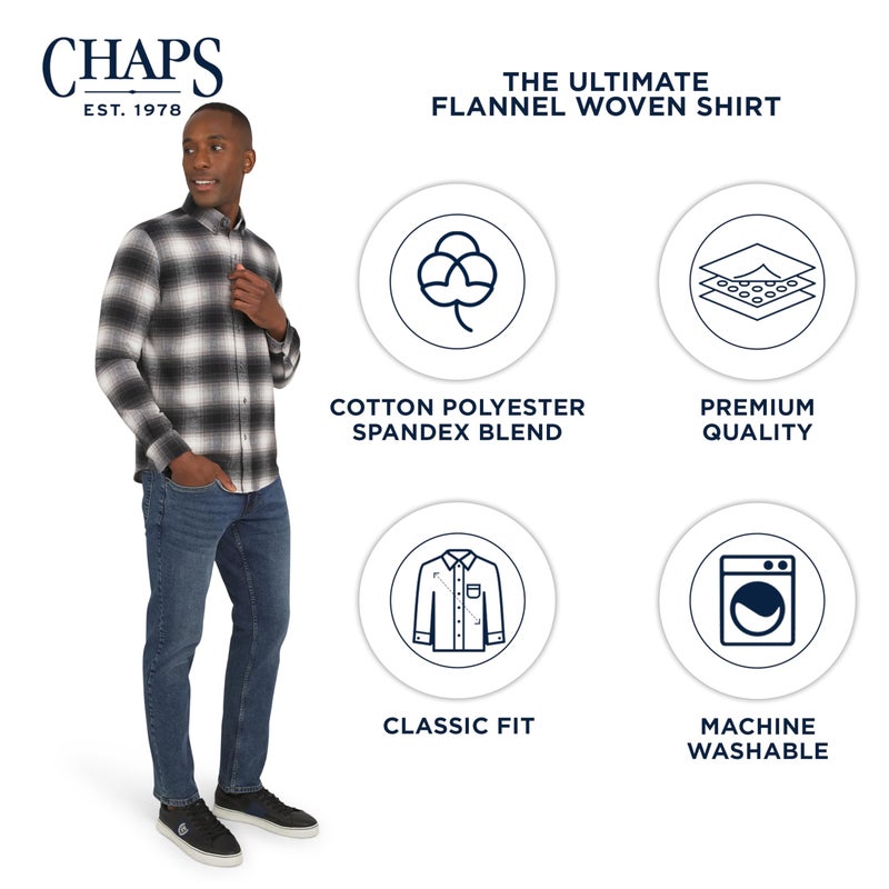 Chaps Men's Classic Fit Long Sleeve Button Down Stretch Flannel Casual Woven Shirt, Charcoal, Large - Image 4
