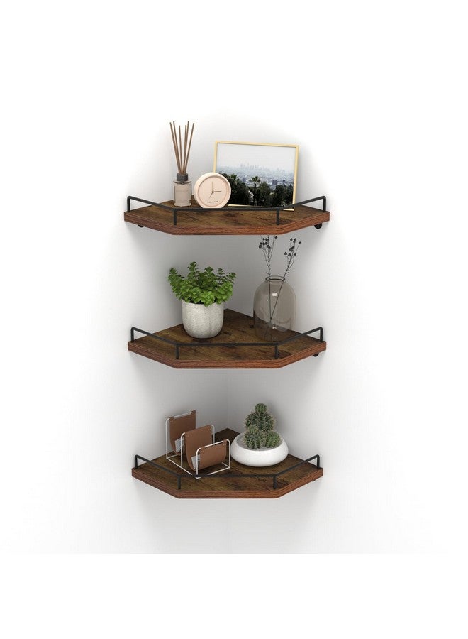 HORLIMER Floating Corner Shelf Wall Mount, 3 Pack Rustic Wood Corner Wall Shelves with Fence for Bedroom, Bathroom, Kitchen, Living Room, Brown - Image 1