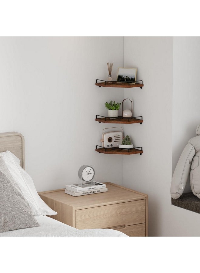 HORLIMER Floating Corner Shelf Wall Mount, 3 Pack Rustic Wood Corner Wall Shelves with Fence for Bedroom, Bathroom, Kitchen, Living Room, Brown - Image 2