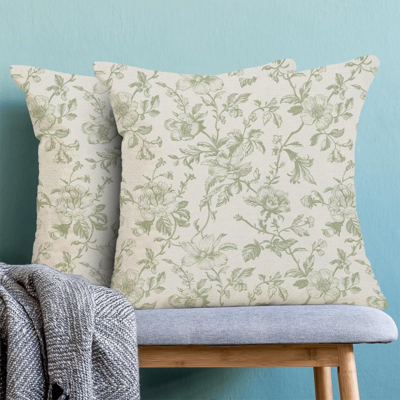 Sorktse Sage Green Floral Pillow Covers 18x18 Inch Vintage Chinoiserie Floral Throw Pillow Covers Set of 2 Spring Summer Farmhouse Pillow Cases Outdoor Decor for Living Room Bedroom Linen Square Cushion - Image 2