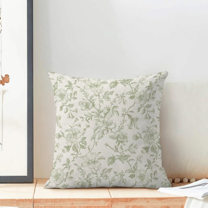Sorktse Sage Green Floral Pillow Covers 18x18 Inch Vintage Chinoiserie Floral Throw Pillow Covers Set of 2 Spring Summer Farmhouse Pillow Cases Outdoor Decor for Living Room Bedroom Linen Square Cushion - Image 3