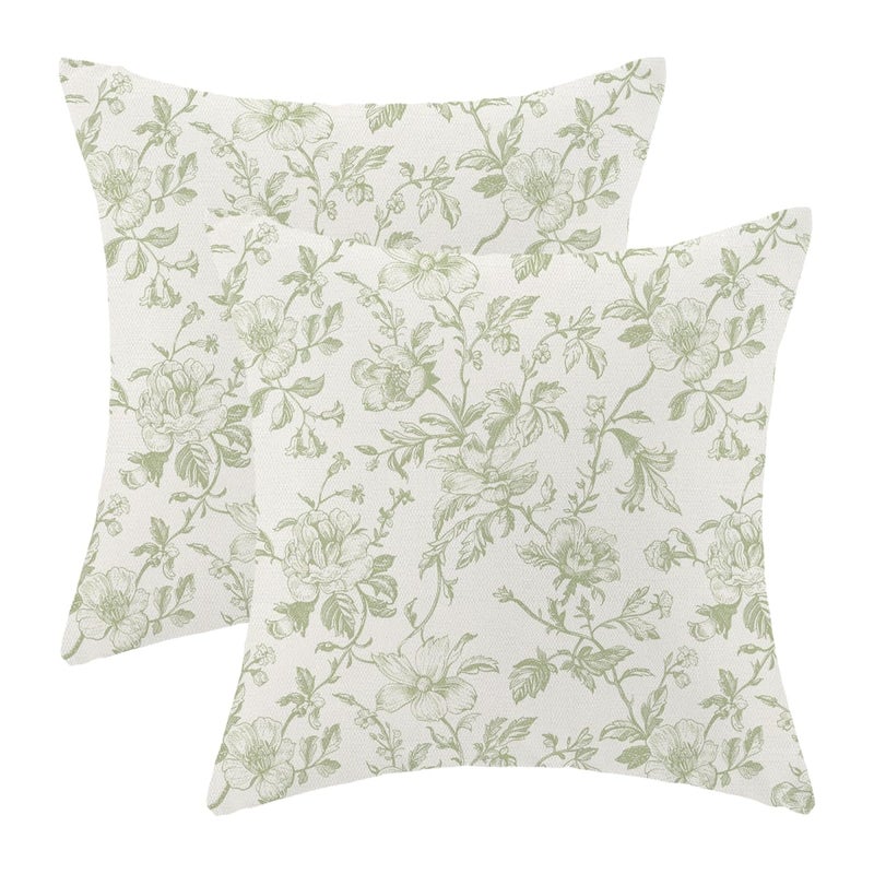 Sorktse Sage Green Floral Pillow Covers 18x18 Inch Vintage Chinoiserie Floral Throw Pillow Covers Set of 2 Spring Summer Farmhouse Pillow Cases Outdoor Decor for Living Room Bedroom Linen Square Cushion - Image 1
