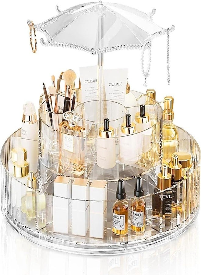 ConvertKitchen Round Shaped Dust-proof Cover Transparent Cosmetic Storage Rack – Large Capacity 2-Layer 360° Rotating Makeup & Skincare Organizer with Umbrella Stand – Clear Display (Pack of 1) - Image 2