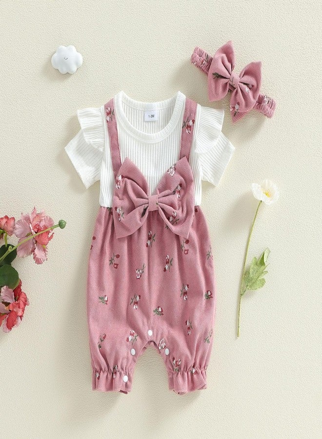 YINGISFITM Newborn Baby Girl Clothes Summer Short Sleeve Romper Floral Bow Short Jumpsuit Infant Cute Outfits (Pink, 3-6 Months) - Image 5