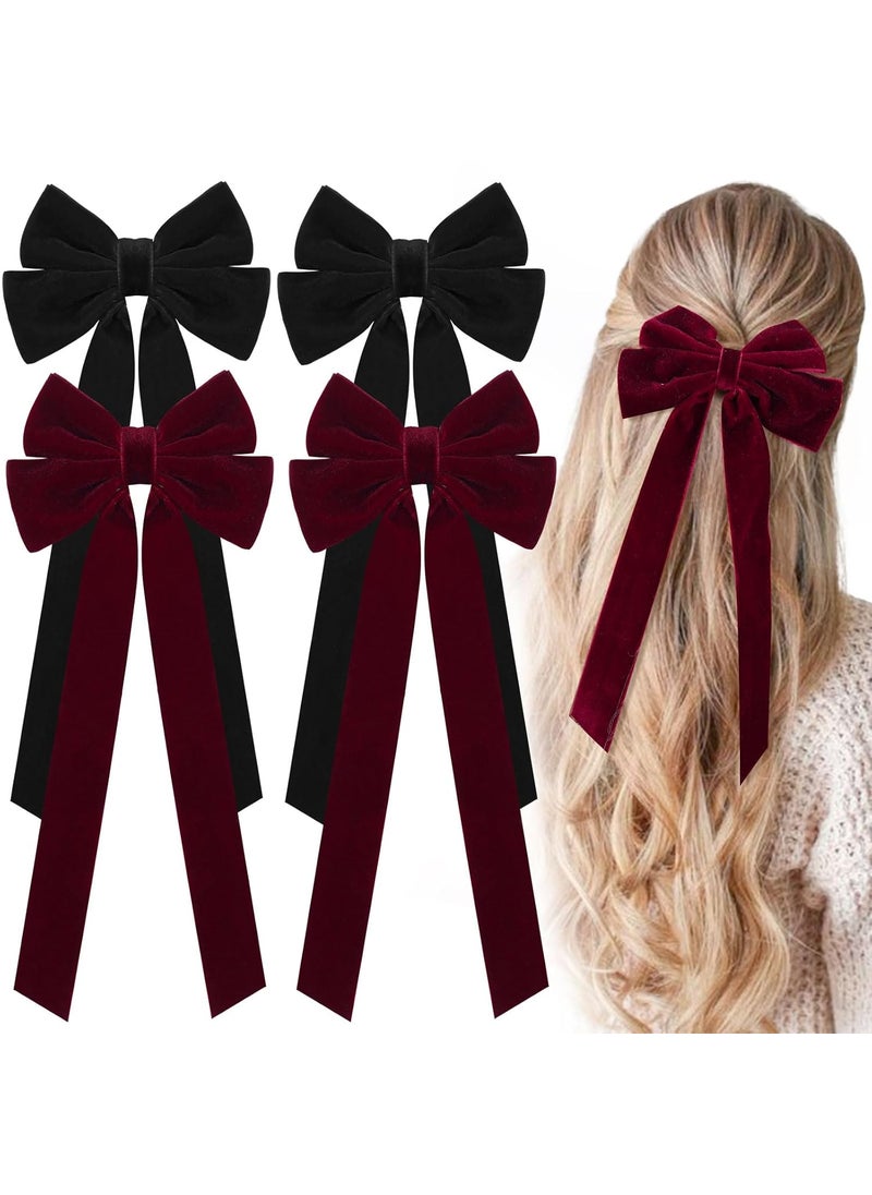 CN Velvet Hair Bows with Alligator Clips  4 PCS Hair Accessories for Women Girls Teens and Toddlers  Burgundy and Black Bows 