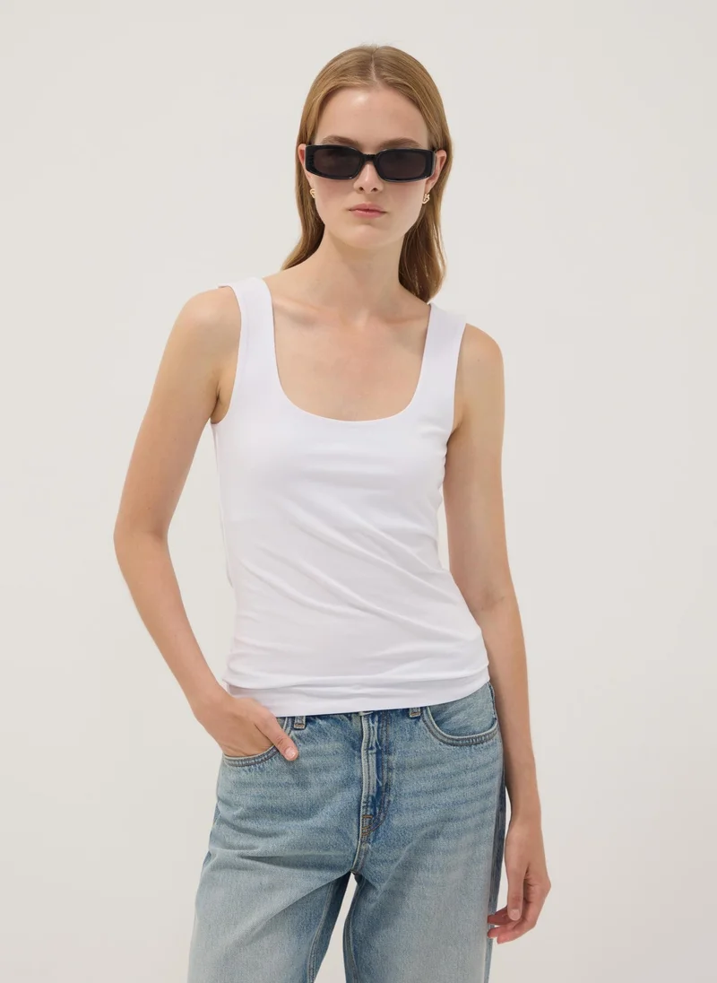 او في اس OVS White Fitted Stretch-Cotton Tank Top