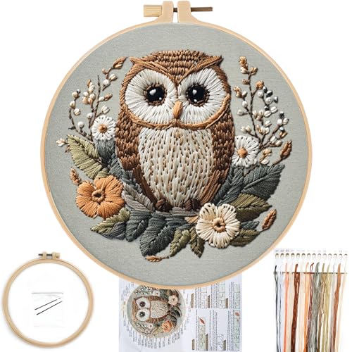 FONNUY Embroidery Kit for Beginners Owl Flowers PreStamped Pattern Kits for Adults with Hoop Easy to Follow Color Thread Needlework 8 Hoop Brown - Image 1