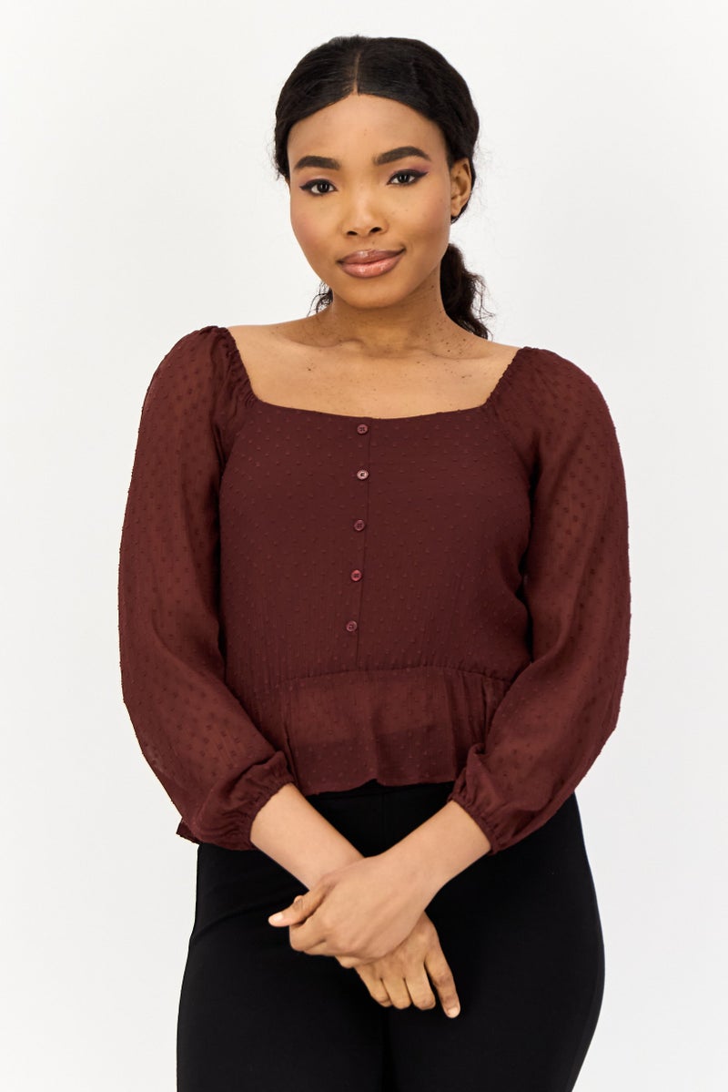 ONLY Women U-Neck Long Sleeves Allover Print Blouse, Brown  - Image 1