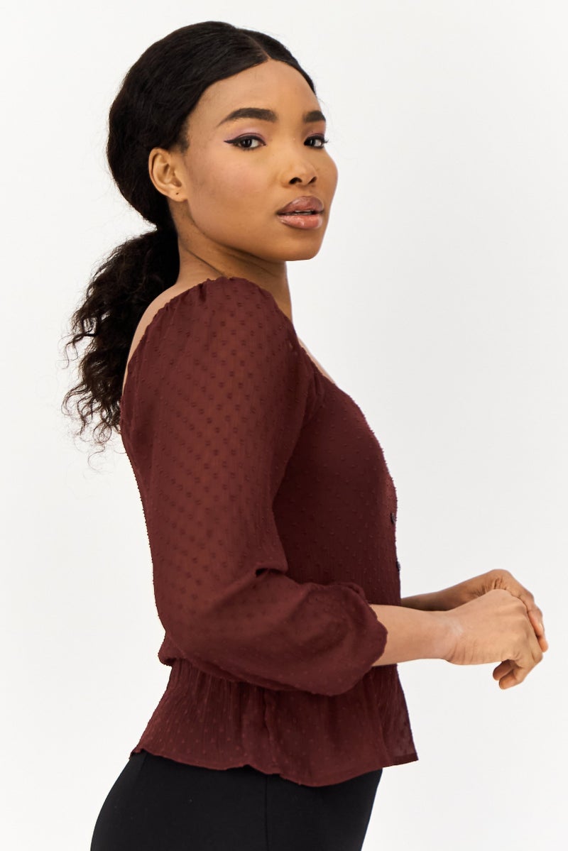 ONLY Women U-Neck Long Sleeves Allover Print Blouse, Brown  - Image 4