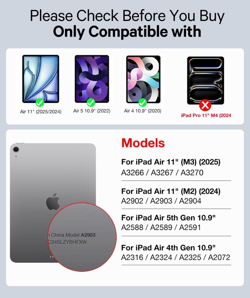 غطاء الجيل الخامس من iPad Air مع لوحة مفاتيح - لوحة مفاتيح لاسلكية قابلة للفصل - حامل قلم - غطاء قابل للطي مع حامل لجهاز iPad Air 5 10.9 بوصة 2022 / iPad Air الجيل الرابع 2020، iPad Pro 11 الجيل الأول، أسود - Image 2