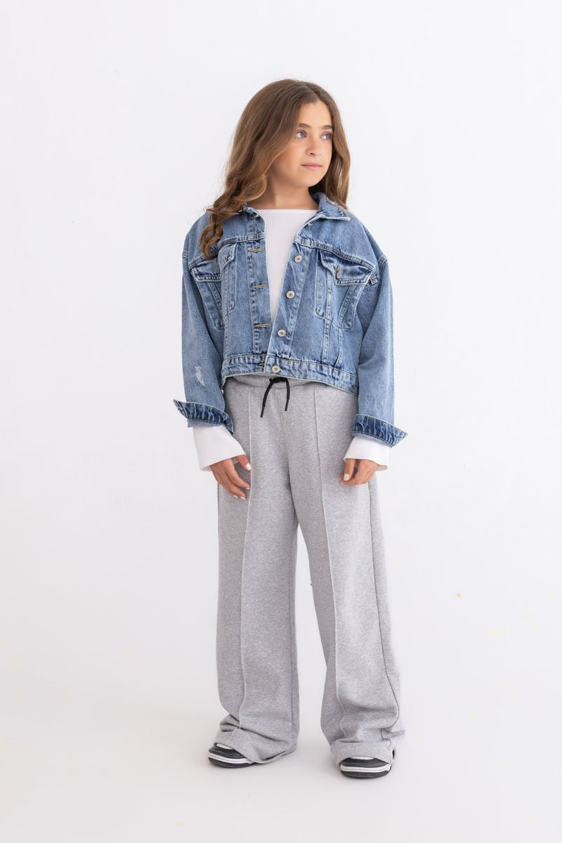 Girls Blue distressed oversized denim jacket