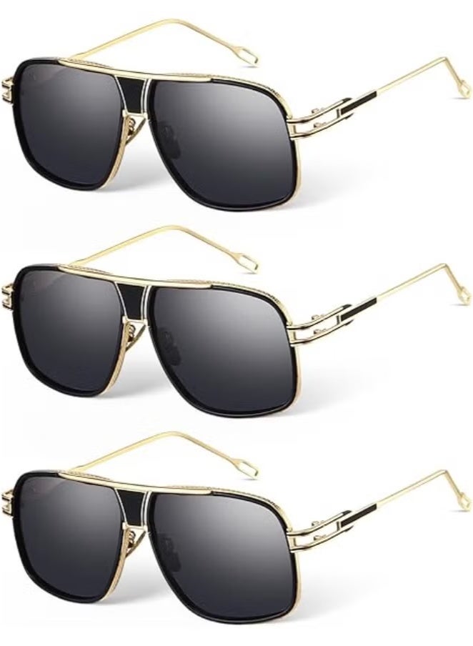 AZorb Retro Aviator Sunglasses for Women Men, Shades Glasses Fashion Metal Gold Frame Oversized Sun Glasses (3 Pairs) - Image 1