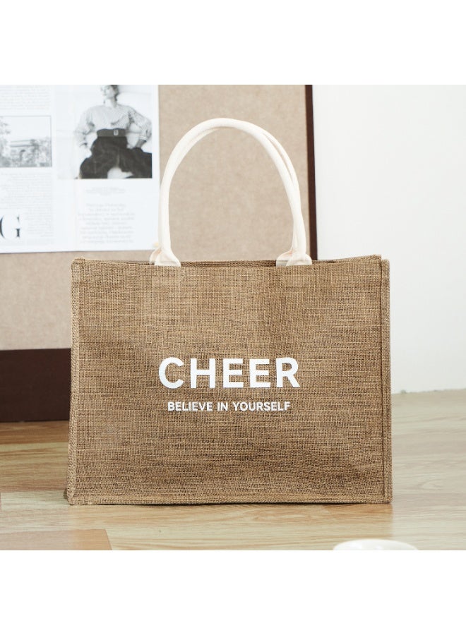 Eco-Friendly Linen Trumpet Tote Bag for Women – Durable Jute Fabric Handbag with Soft Handle, Reusable Shopping Bag, Minimalist “Cheer Believe in Yourself” Printed Design, Lightweight Casual Carry Bag - Image 4